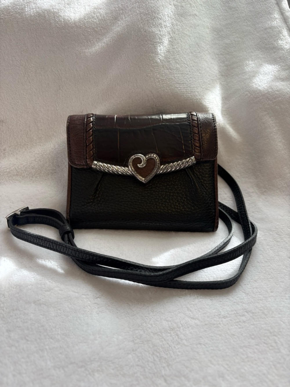 Brighton Black and Brown Leather Crossbody with Silver Heart Accent